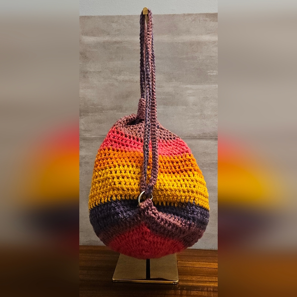 Crochet Drawstring Backpack - Pink & Orange - Picture 3 of 6